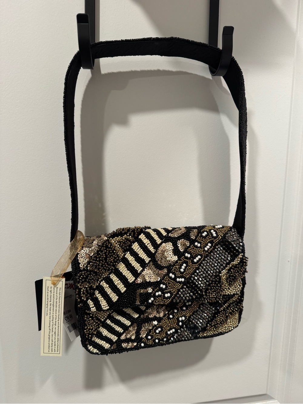 Embellished Black and Gold Beaded Shoulder Bag